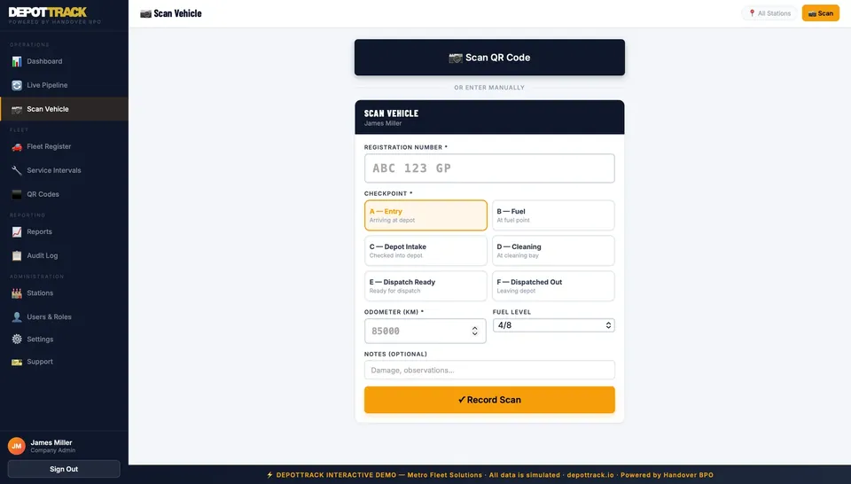 DepotTrack scan screen for logging a vehicle at a checkpoint
