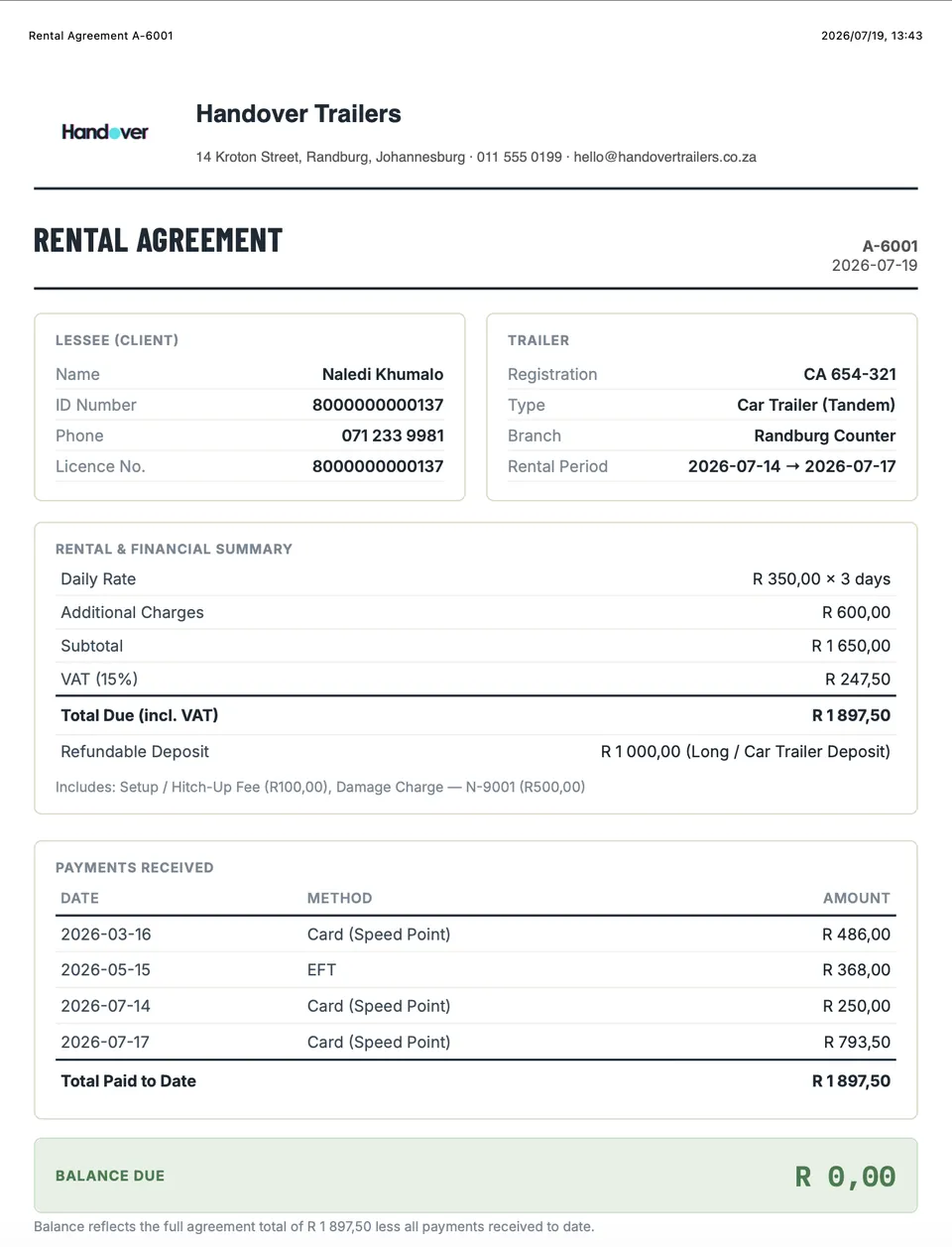 Printed HitchPoint rental agreement showing lessee, trailer, financial summary and payments received